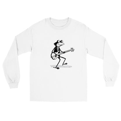 White long sleeve t-shirt with a frog playing the bass guitar print