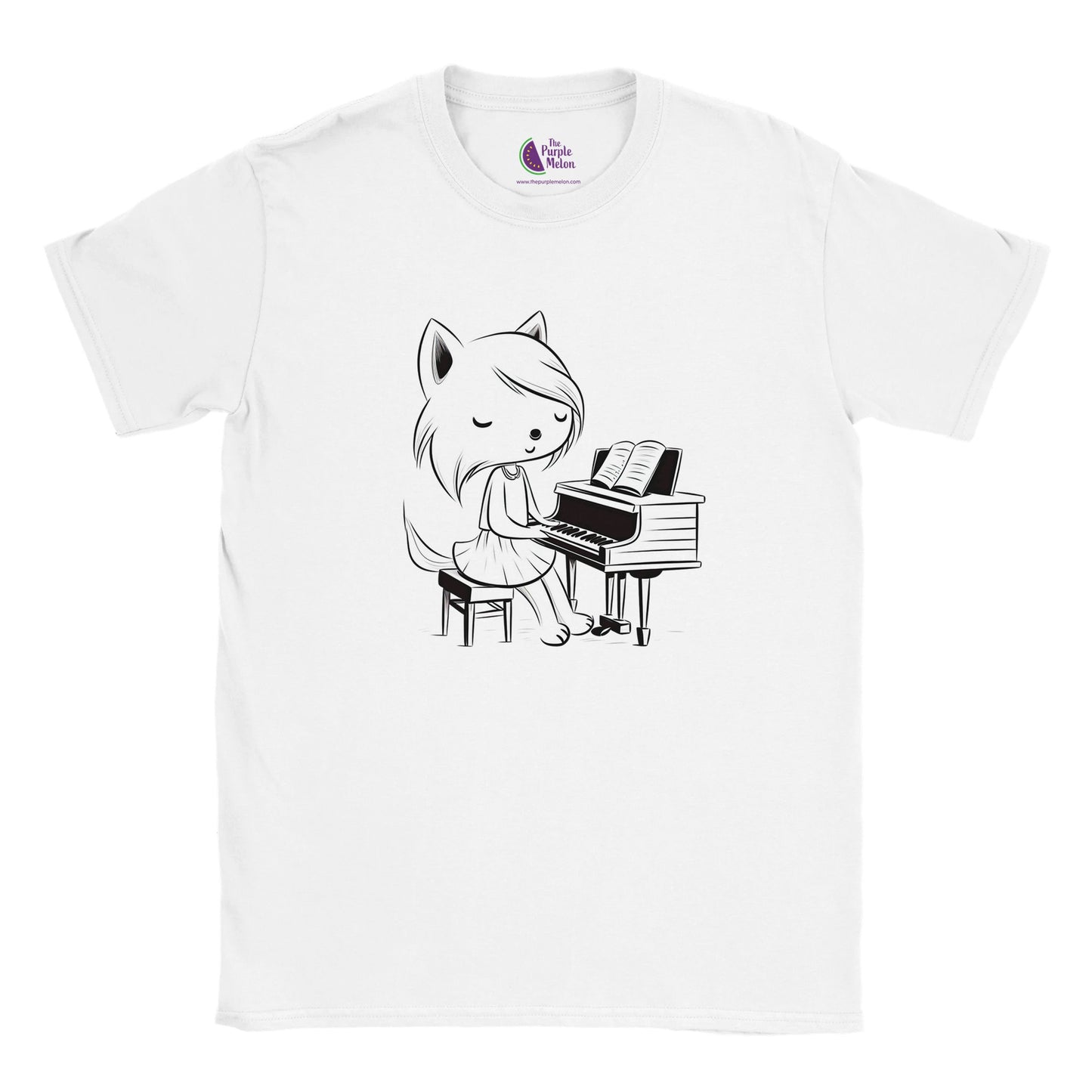 white kids t-shirt with cute fox playing the piano print