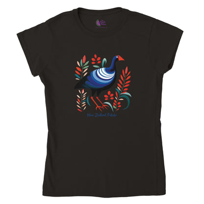 black t-shirt with a new zealand pukeko print