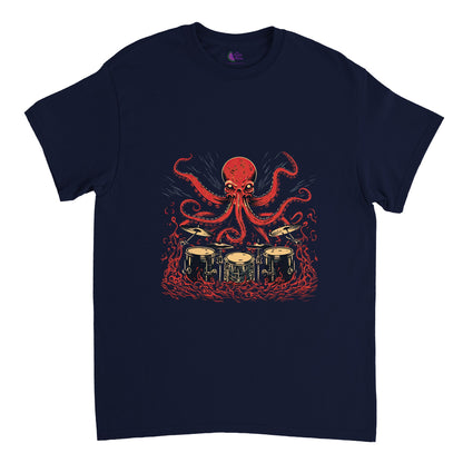 Navy blue t-shirt with an octopus playing the drums print
