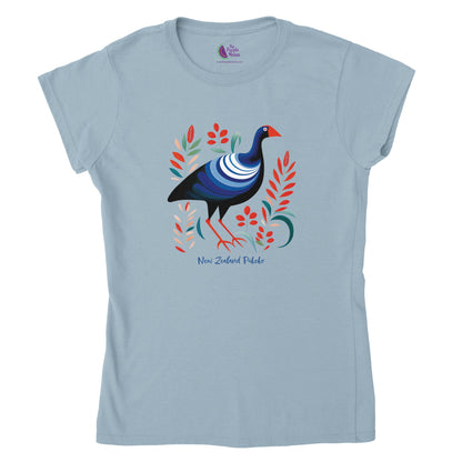 light blue t-shirt with a new zealand pukeko print