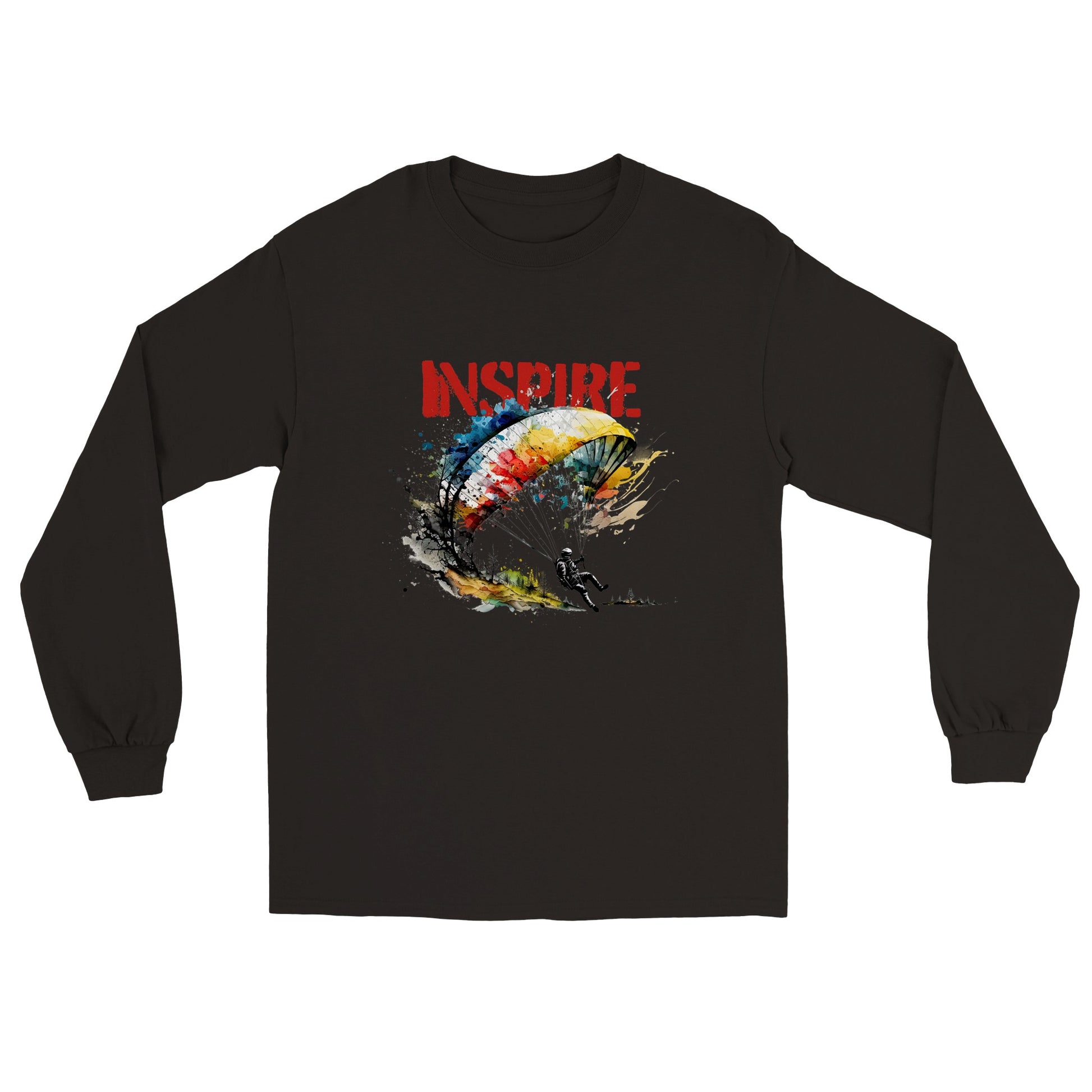 Black long sleeve t-shirt with a paraglider graphic and Inspire caption