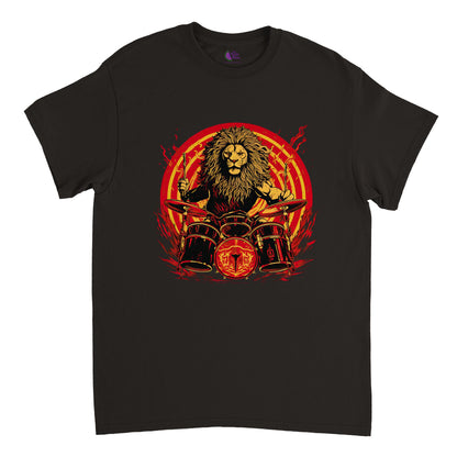 black t-shirt with lion drummer print