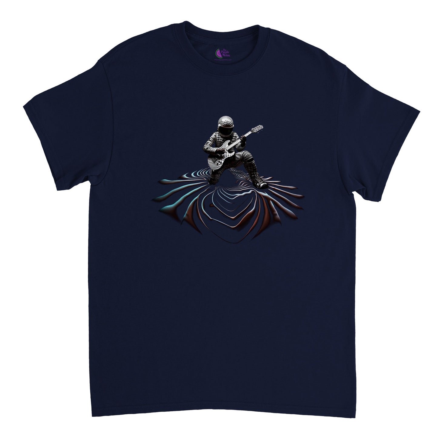 Navy blue t-shirt with a guitar playing spaceman print
