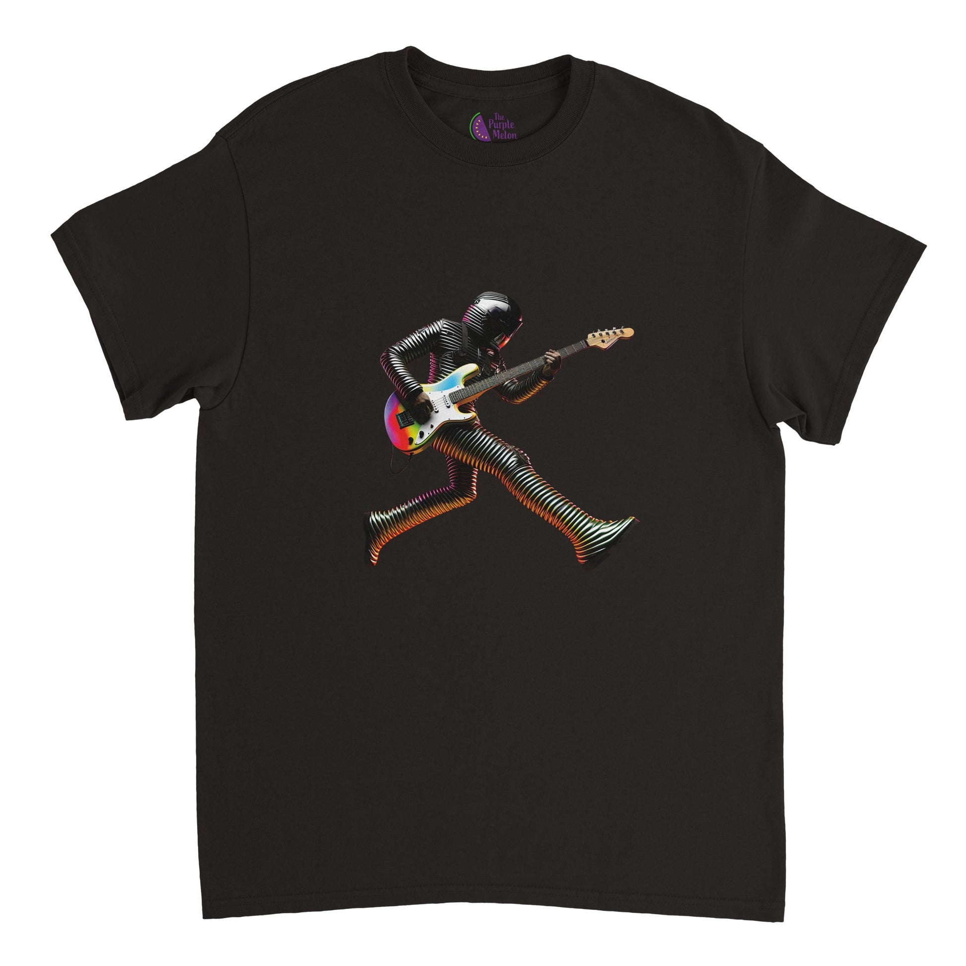 black t-shirt with a futuristic guitarist print