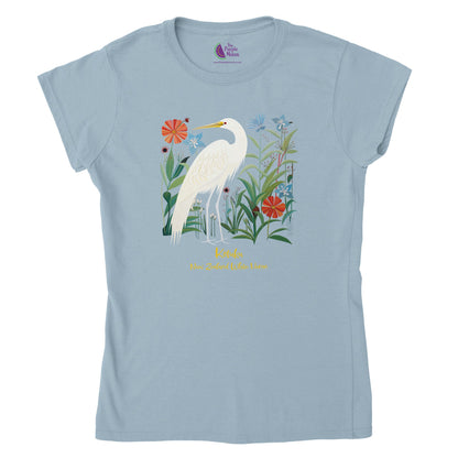 Light blue t-shirt with a New Zealand Kōtuku white heron print