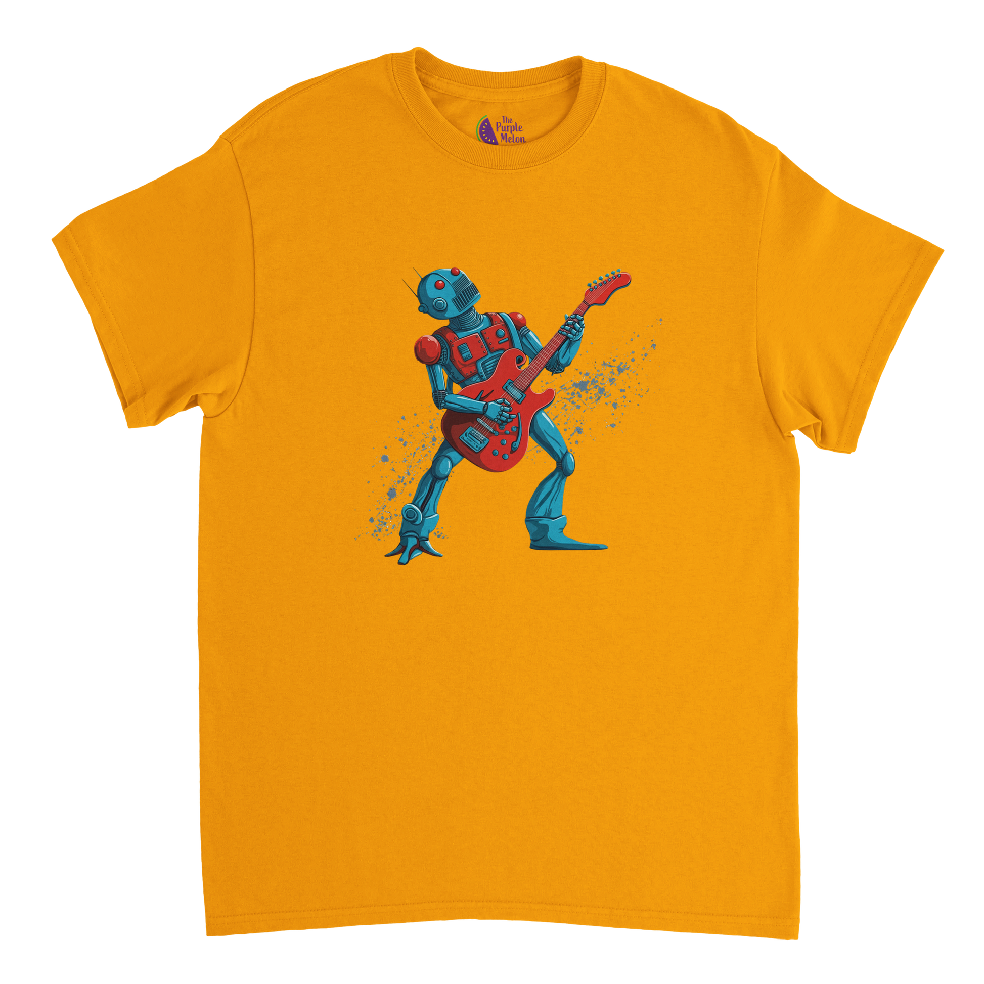 Gold unisex T-shirt featuring a colourful cartoon robot rocking out on an electric guitar with a dynamic splatter effect behind it.