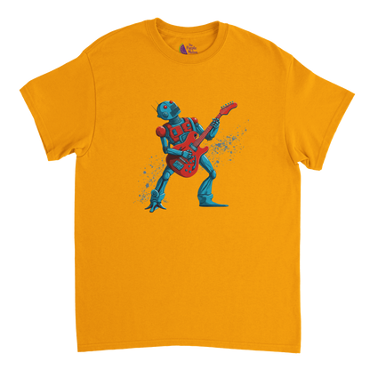 Gold unisex T-shirt featuring a colourful cartoon robot rocking out on an electric guitar with a dynamic splatter effect behind it.