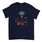 navy blue t-shirt with an abstract print of a bongo player