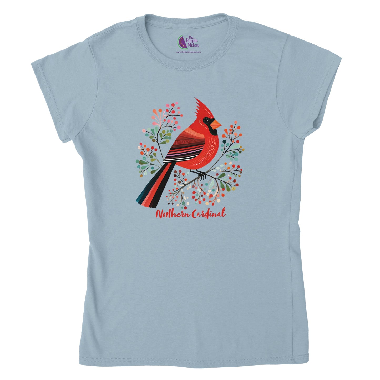 light blue t-shirt with a northern cardinal print