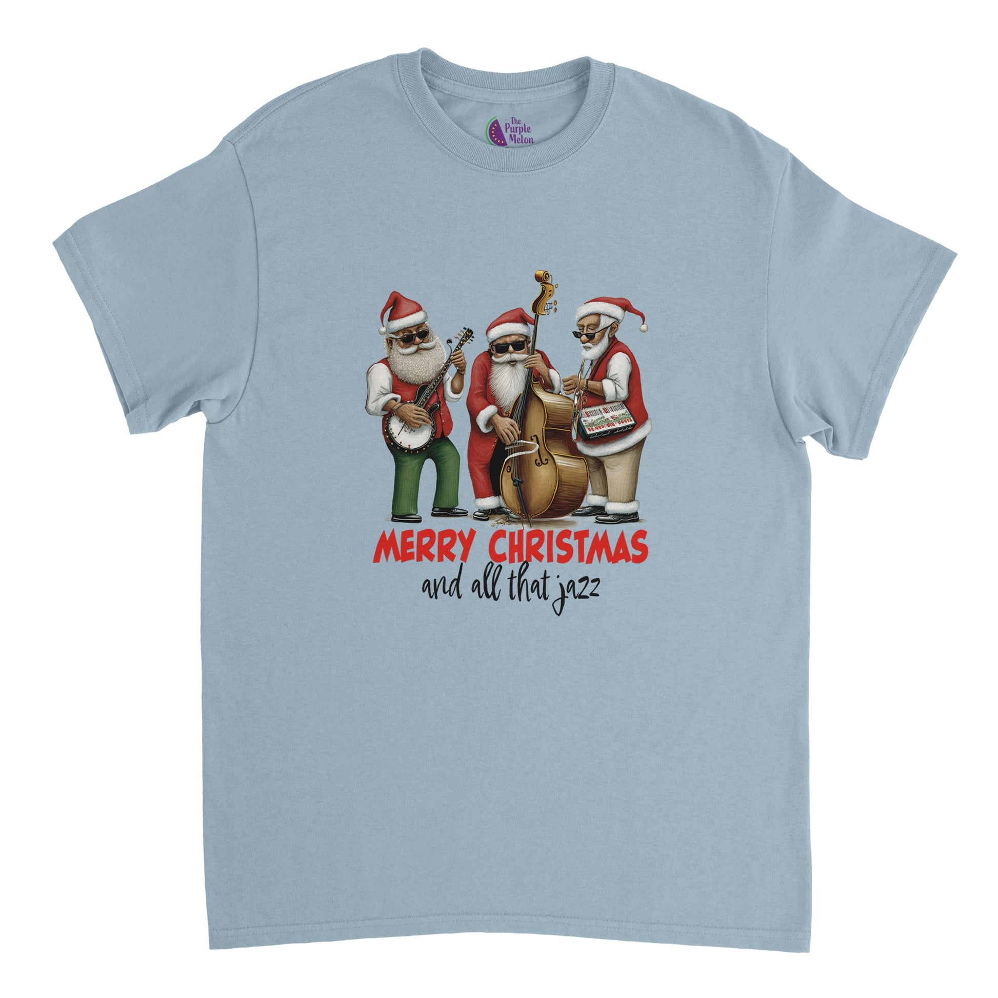 light blue t-shirt with a merry christmas and all that jazz print