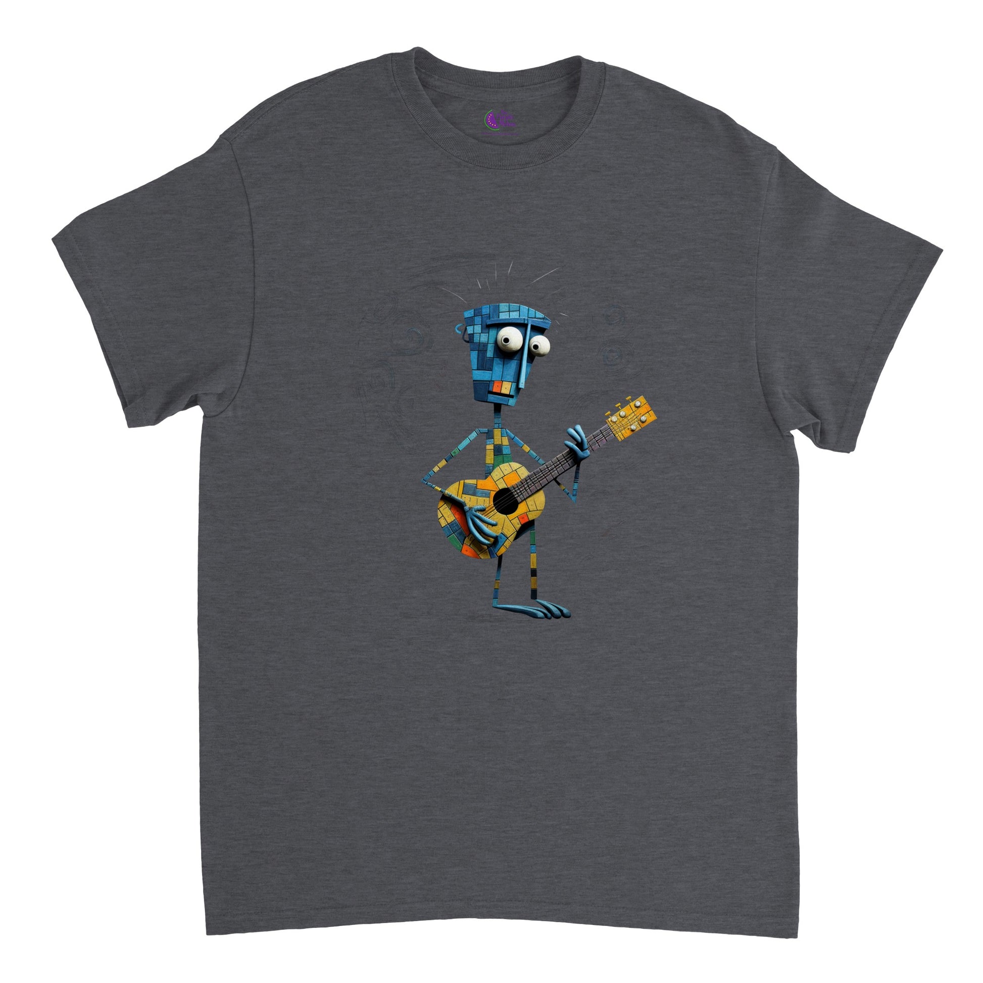 dark heather t-shirt with an abstract character playing guitar print