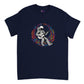 Navy blue t-shirt with a guitar playing spaceman floating in space 