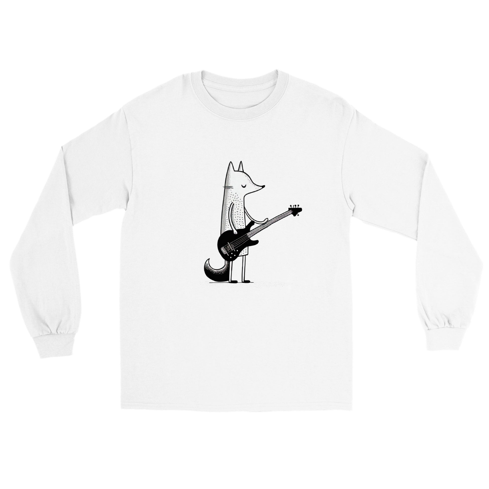 white long sleeve t-shirt with a fox playing the guitar print