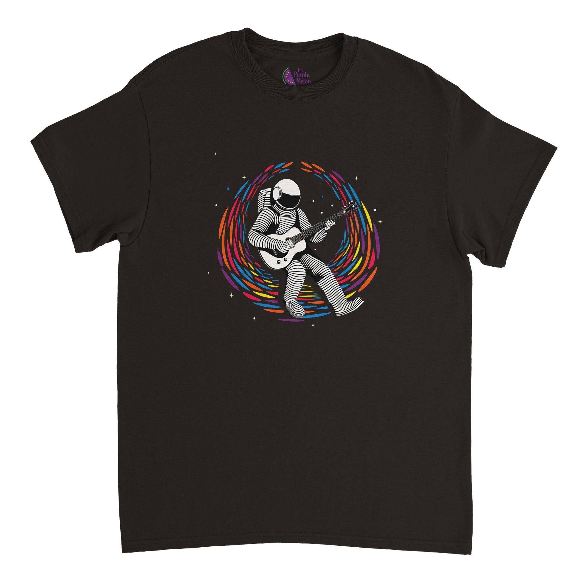 black t-shirt with a guitar playing spaceman floating in space 