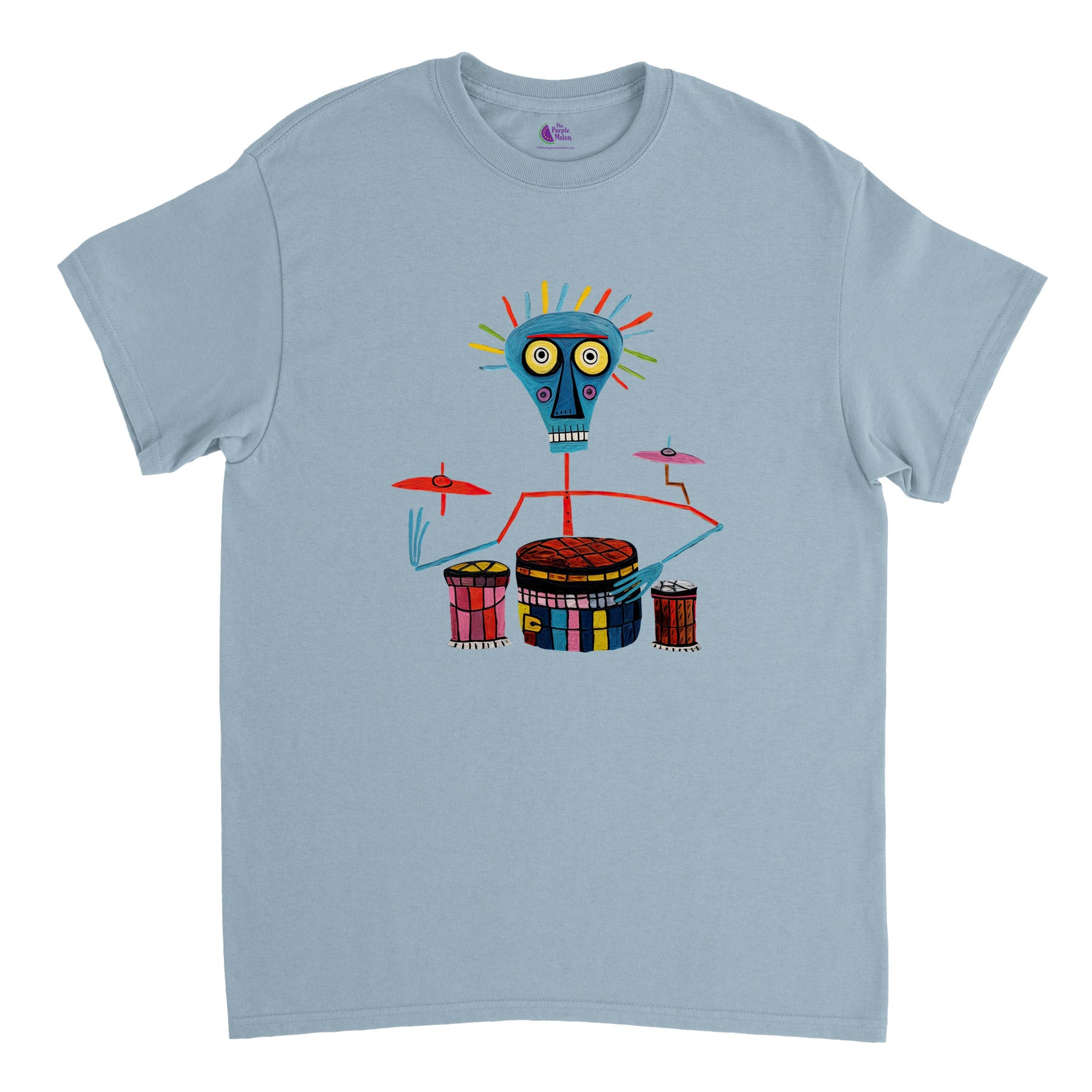 light blue t-shirt with an abstract print of a bongo player