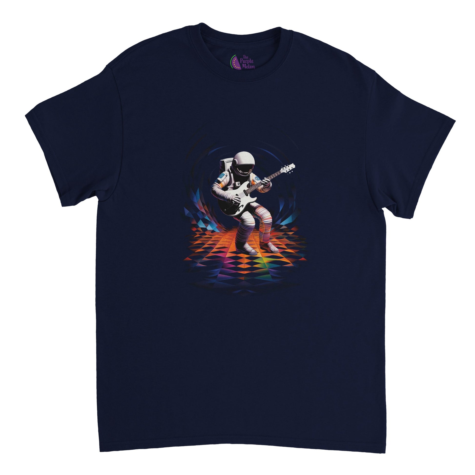 navy-blue t-shirt with a spaceman playing guitar print