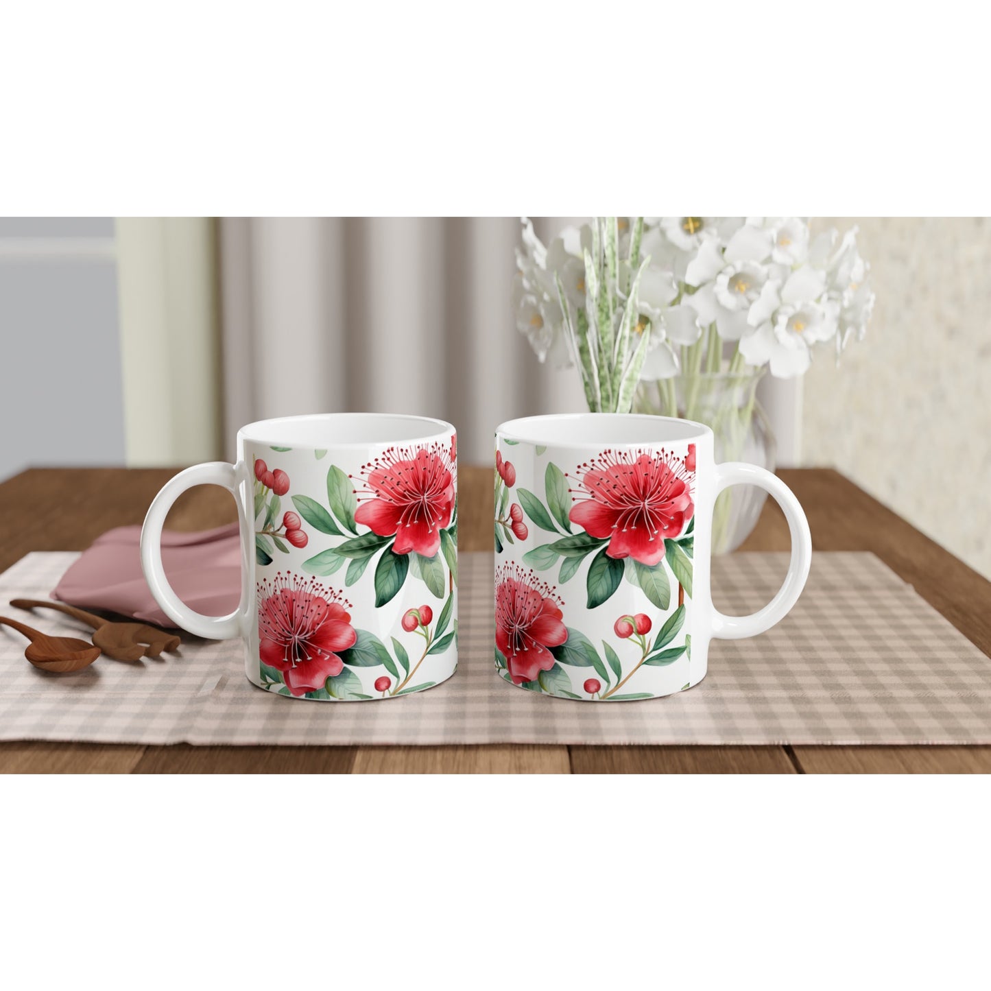 Coffee mug with New Zealand Pohutukawa Christmas watercolor print