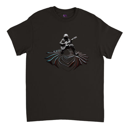 black t-shirt with a guitar playing spaceman print