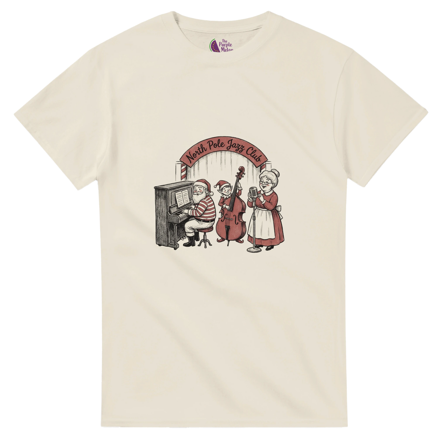 Retro Santa, elf and Mrs Claus performing music on festive T-shirt