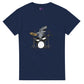 Navy unisex T-shirt featuring a shark playing a full drum kit with microphones and cymbals, displayed on a plain background