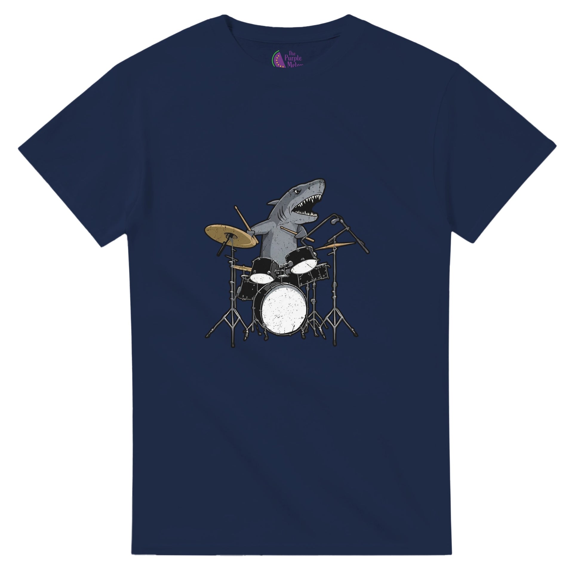 Navy unisex T-shirt featuring a shark playing a full drum kit with microphones and cymbals, displayed on a plain background