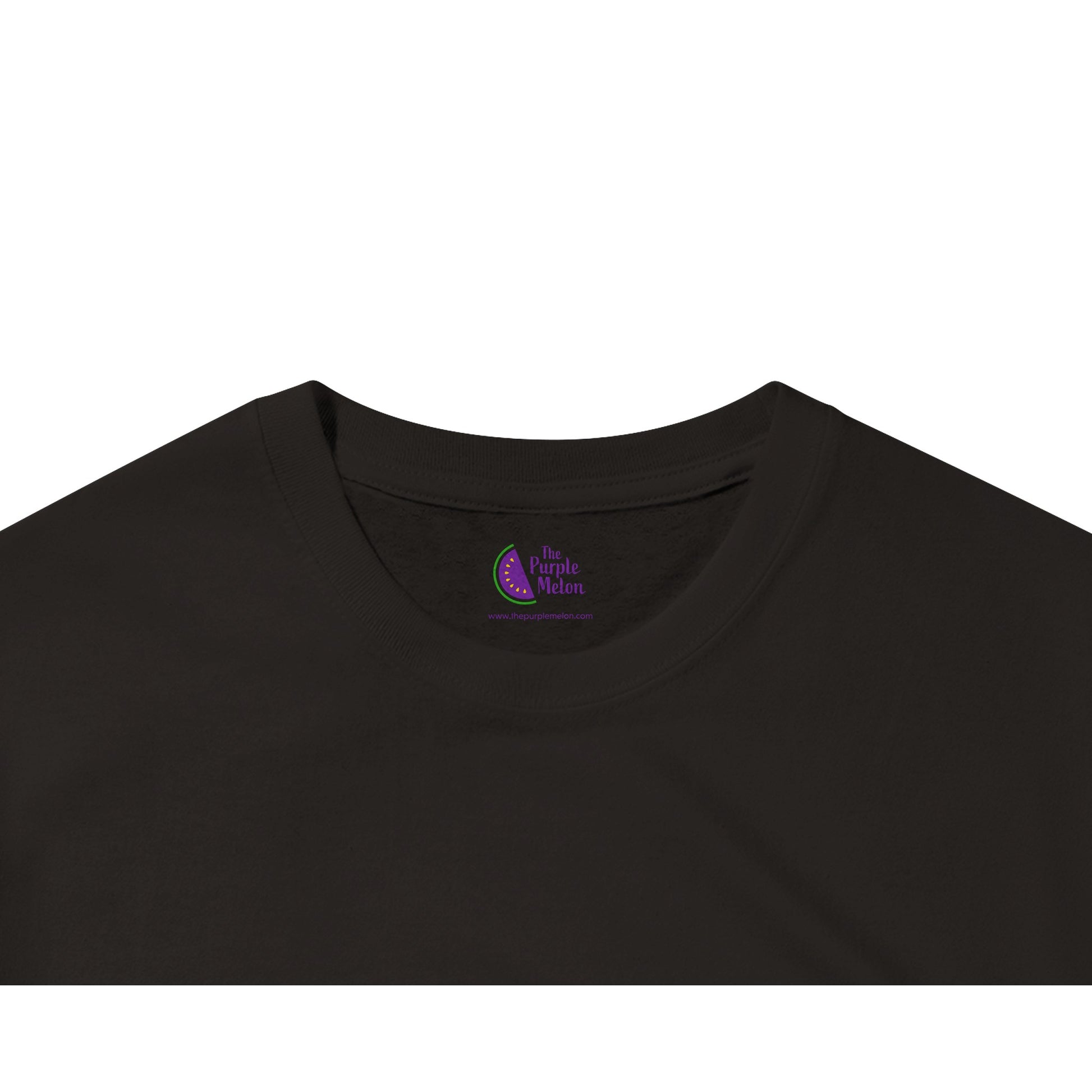 neck label on a black t-shirt of the purple melon logo