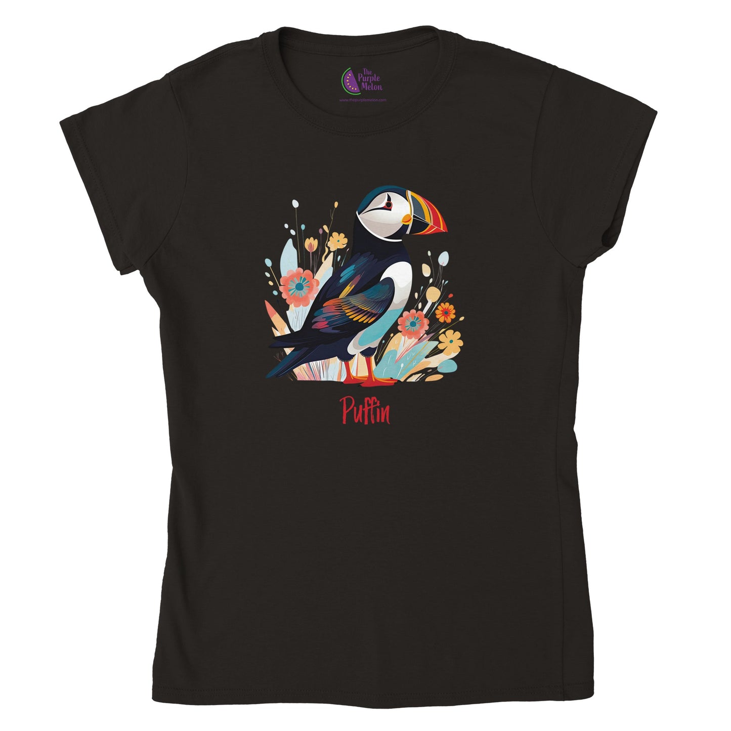 black t-shirt with a puffin bird print