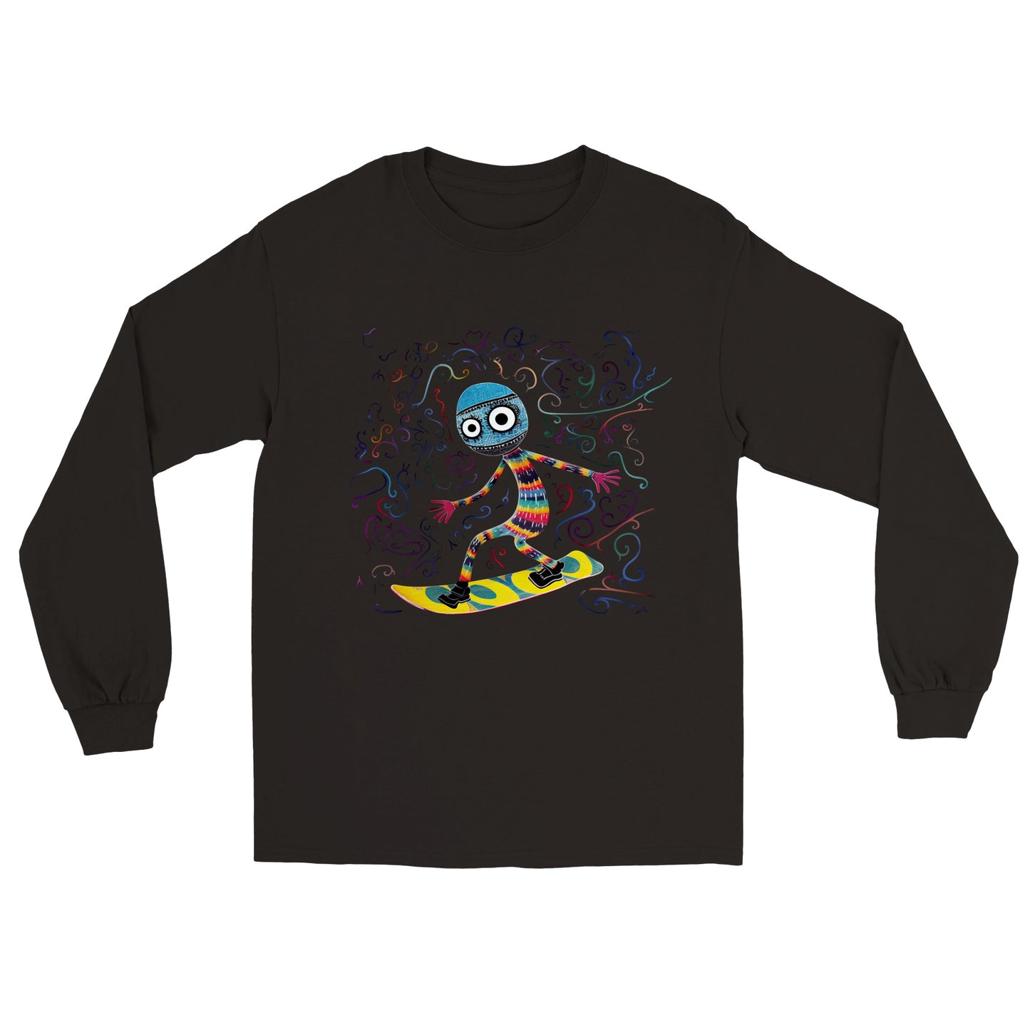 black long sleeve t-shirt with an abstract snowboarder print