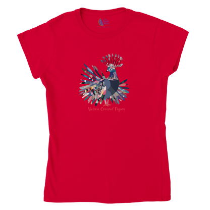 red t-shirt with a victoria crowned pigeon design