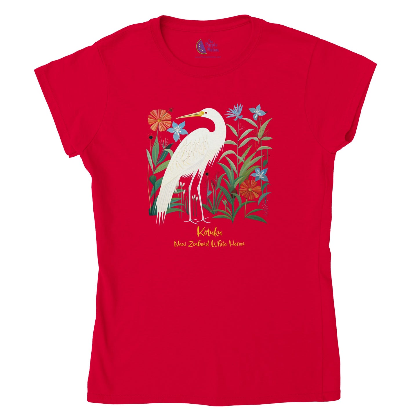 Red t-shirt with a New Zealand Kōtuku white heron print