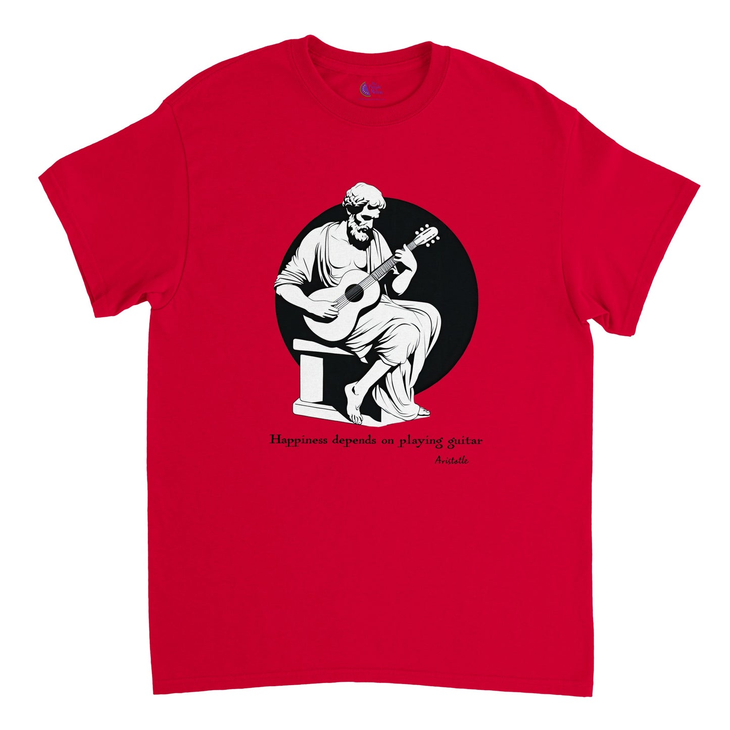 a red t-shirt with a print of Aristotle playing a guitar and the caption Happiness depends on playing guitar