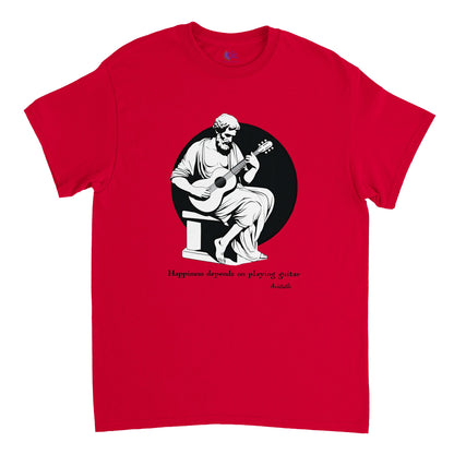 a red t-shirt with a print of Aristotle playing a guitar and the caption Happiness depends on playing guitar
