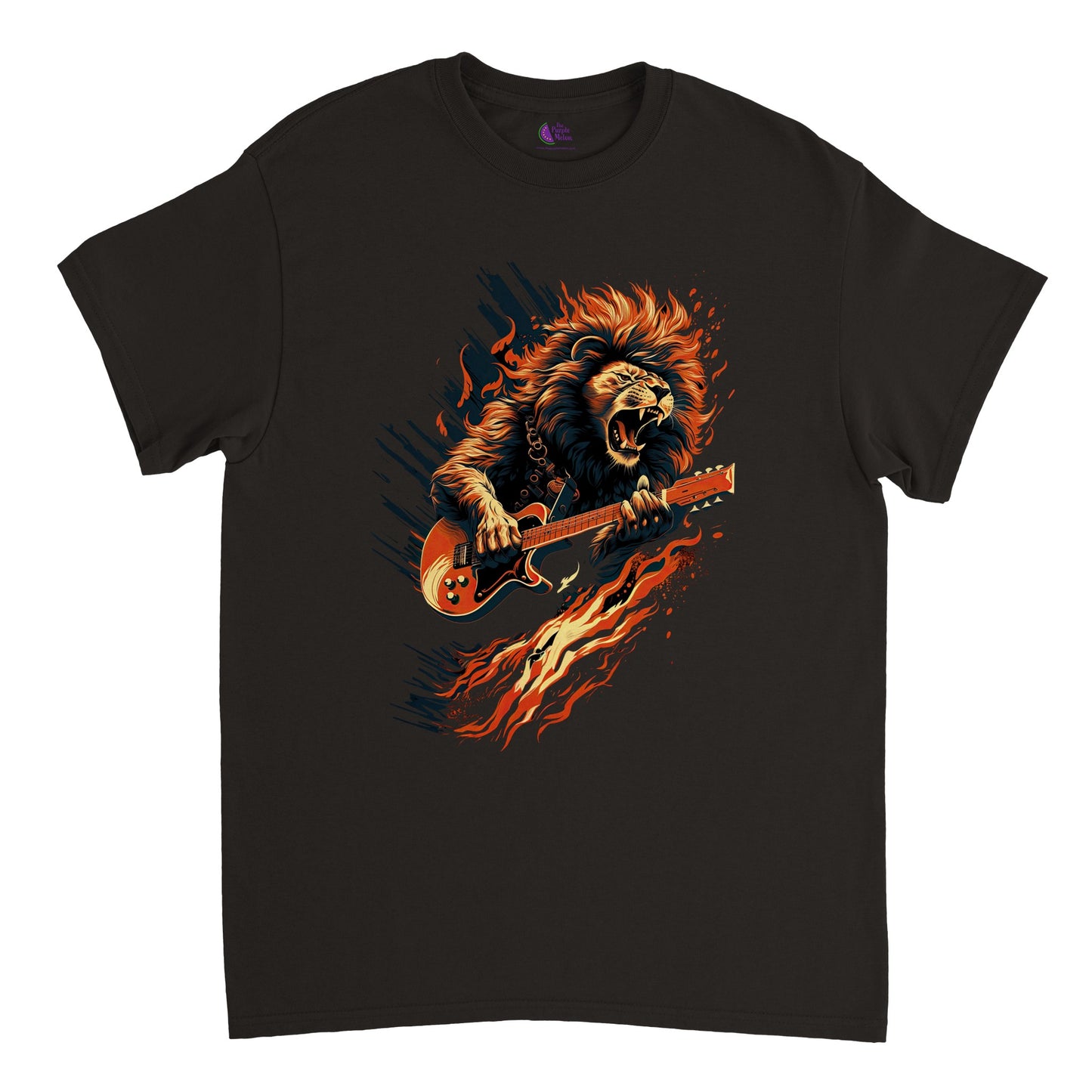 black t-shirt with flaming lion playing guitar print