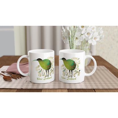 White ceramic mug with New Zealand Kiwi bird design
