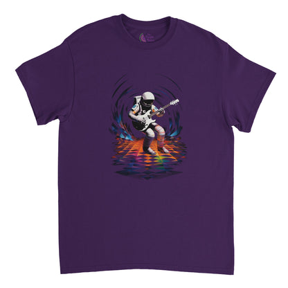 purple t-shirt with a spaceman playing guitar print