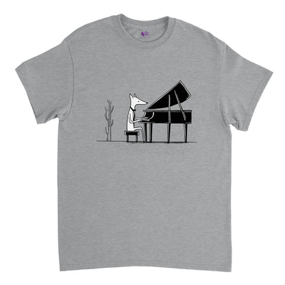 light grey t-shirt with a fox playing piano print