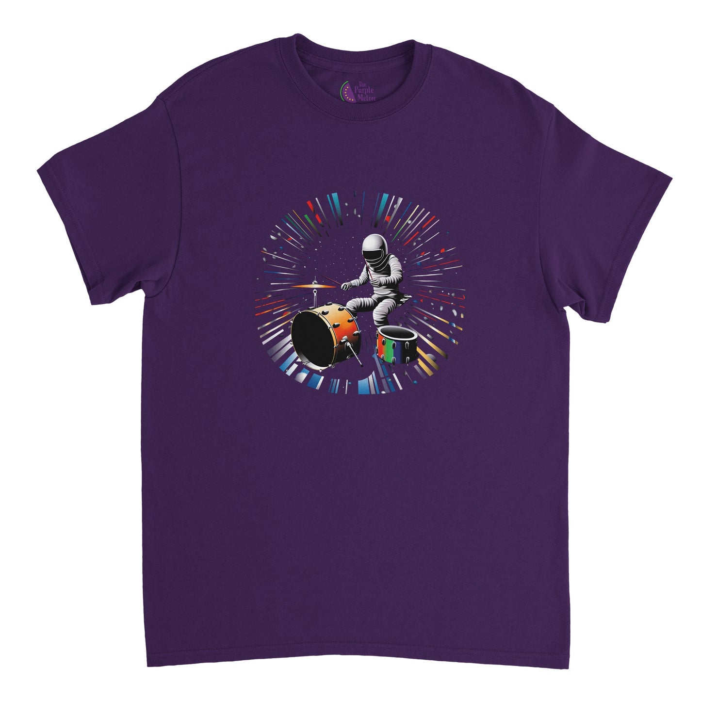 purple t-shirt with a spaceman playing the drums