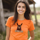 woman wearing an orange t-shirt with No Prob-Llama print