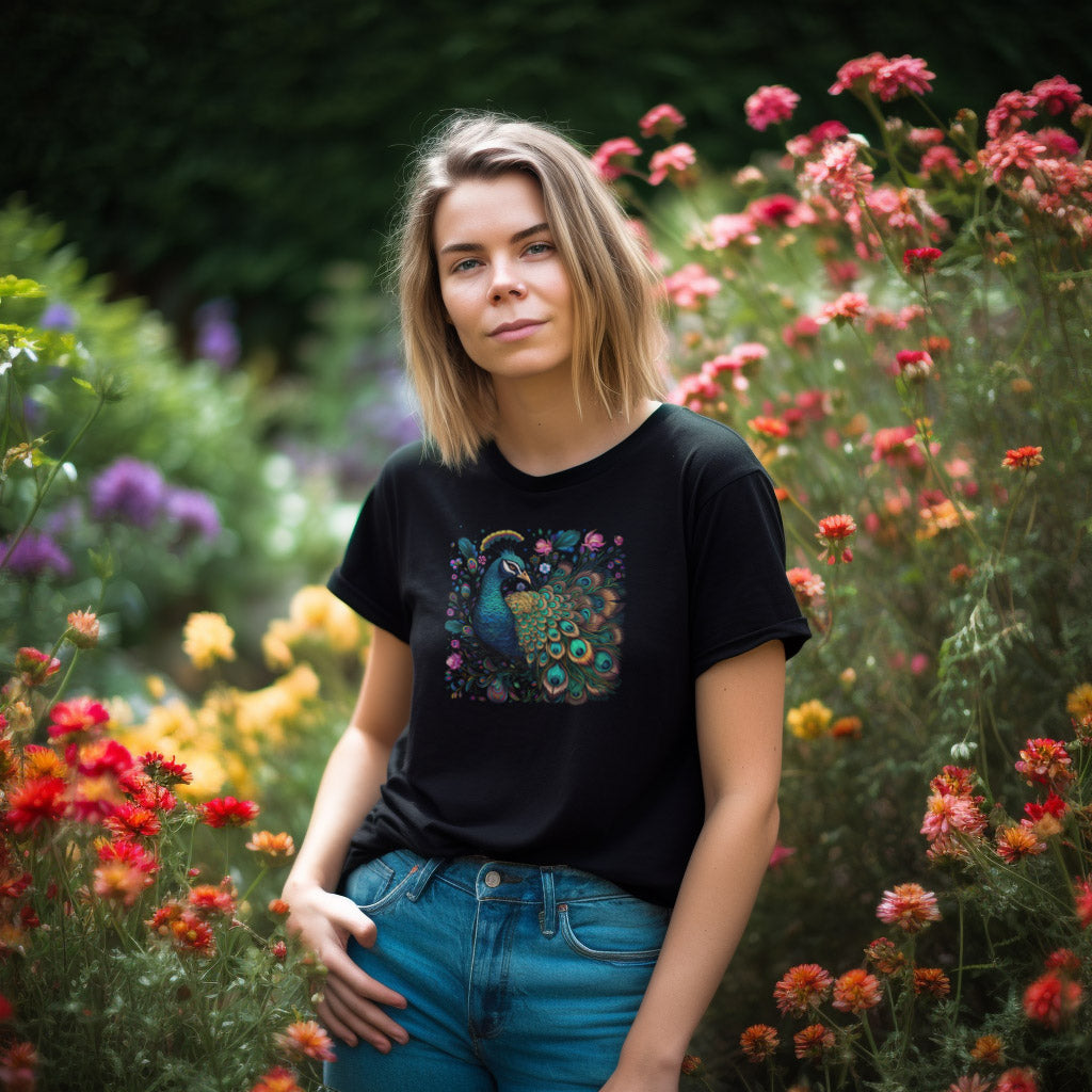 woman in a garden wearing a black t-shirt with a colorful floral peacock print