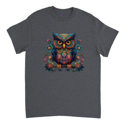 Grey t-shirt with a colorful floral owl print
