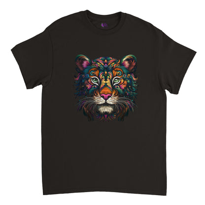 Black t-shirt with a colorful floral tiger print