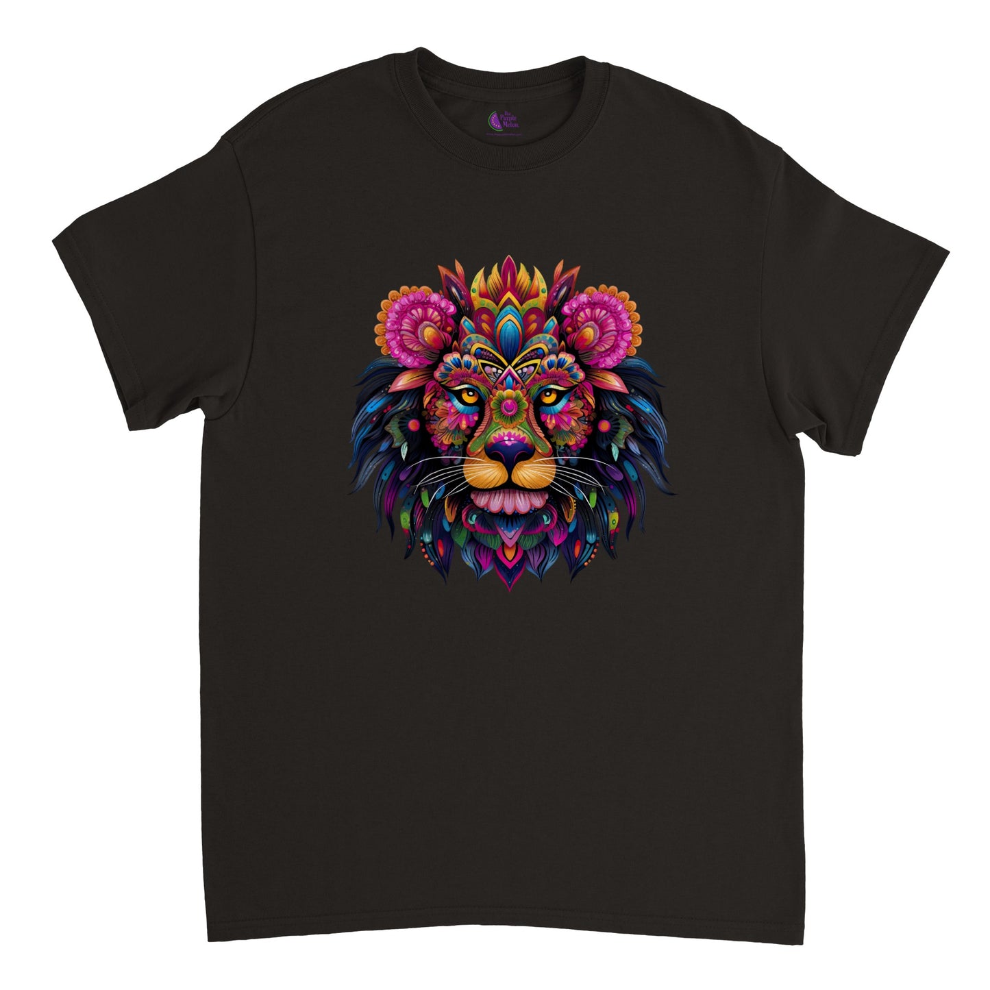Black t-shirt with a colorful floral lion print