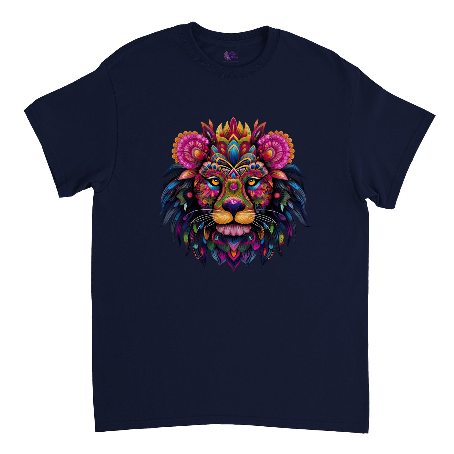 navy blue t-shirt with a colorful floral lion print