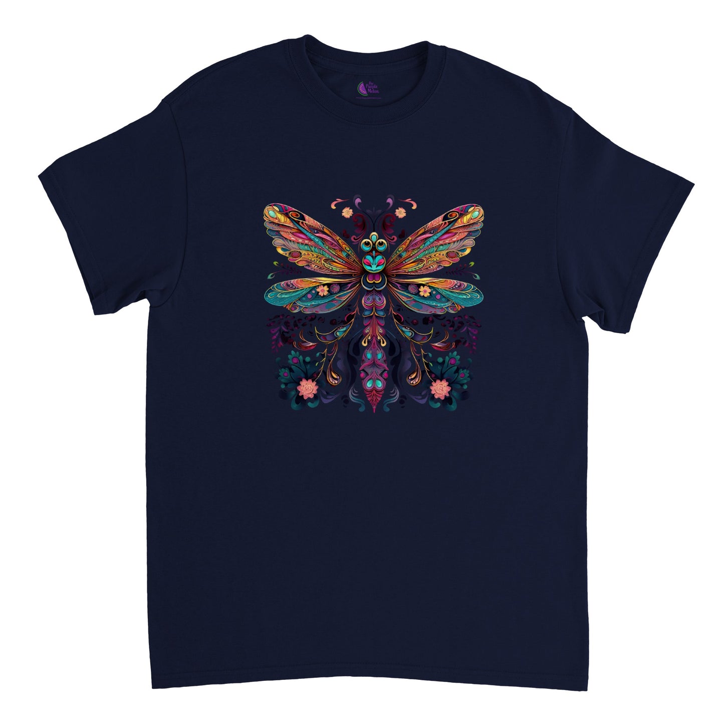black t-shirt with a colorful floral dragonfly print