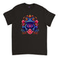 black t-shirt with a colorful floral frog print