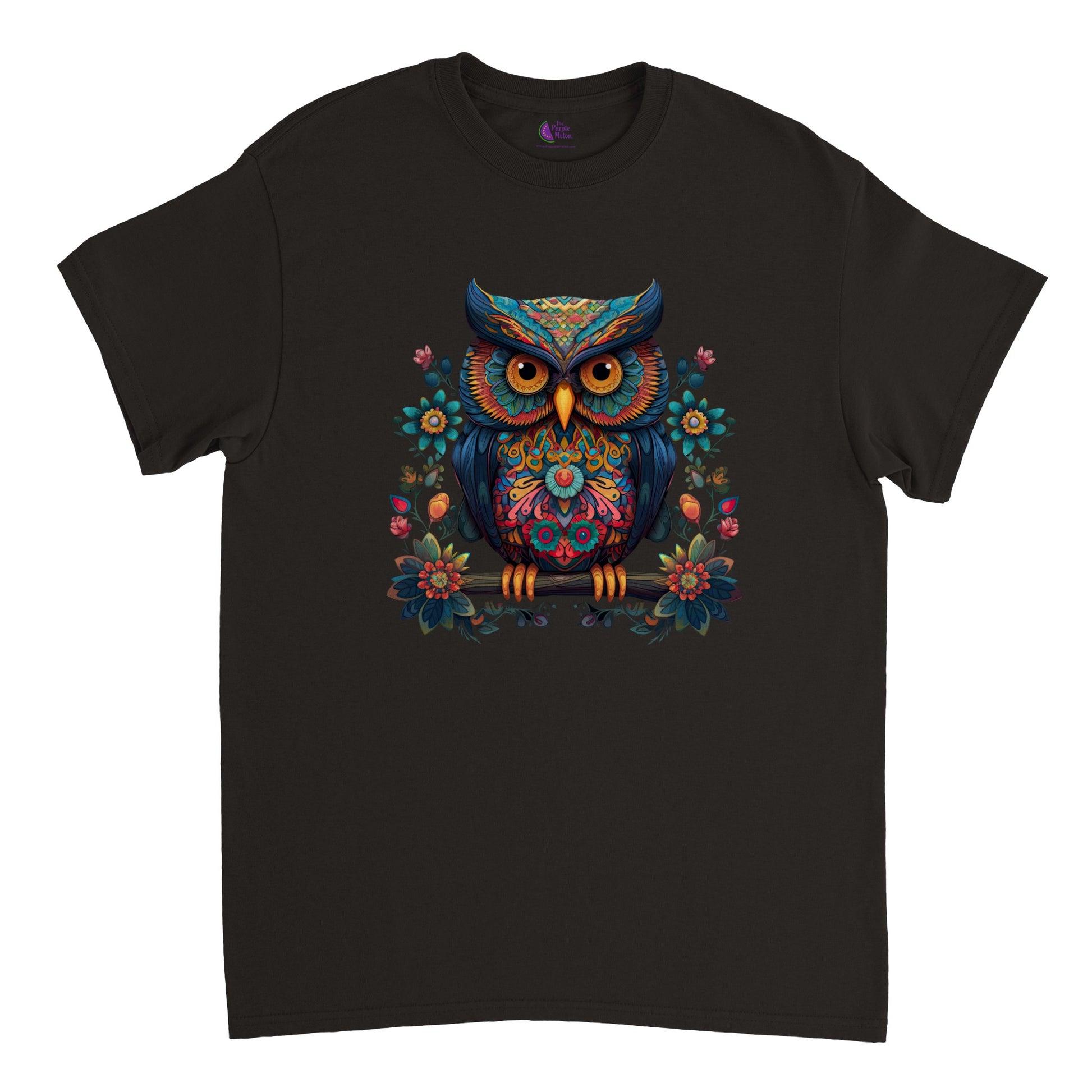 black t-shirt with a colorful floral owl print