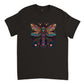 black t-shirt with a colorful floral dragonfly print
