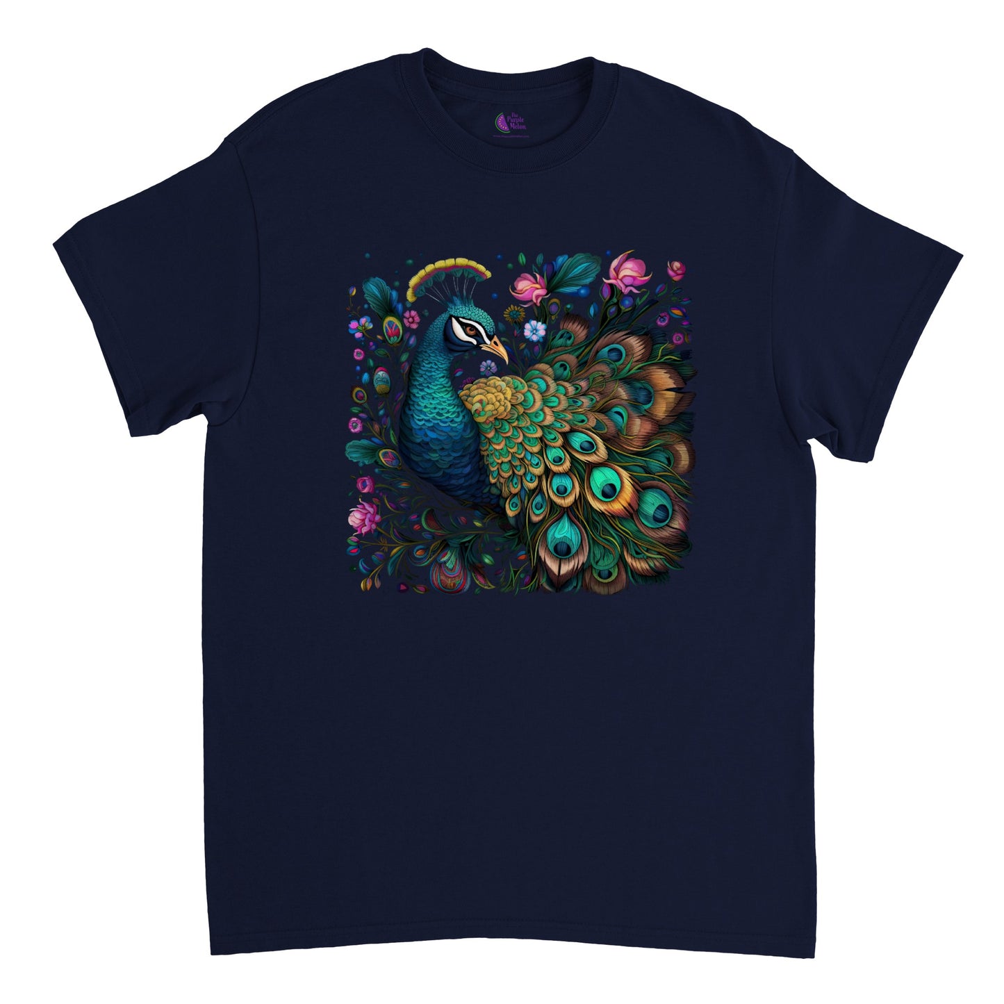 Navy blue t-shirt with a colorful floral peacock print