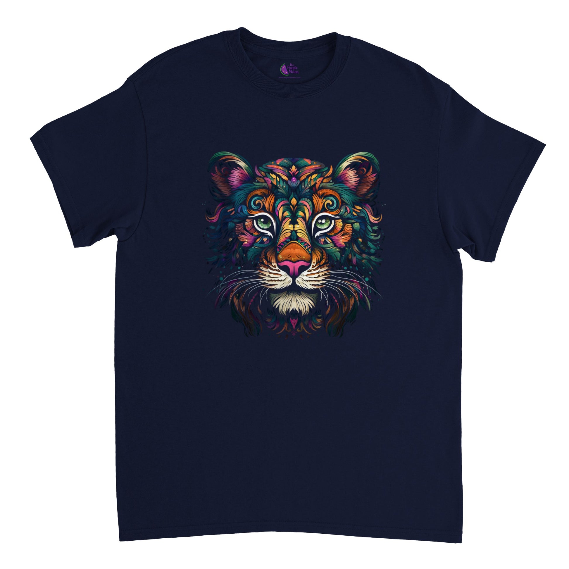 Navy blue t-shirt with a colorful floral tiger print